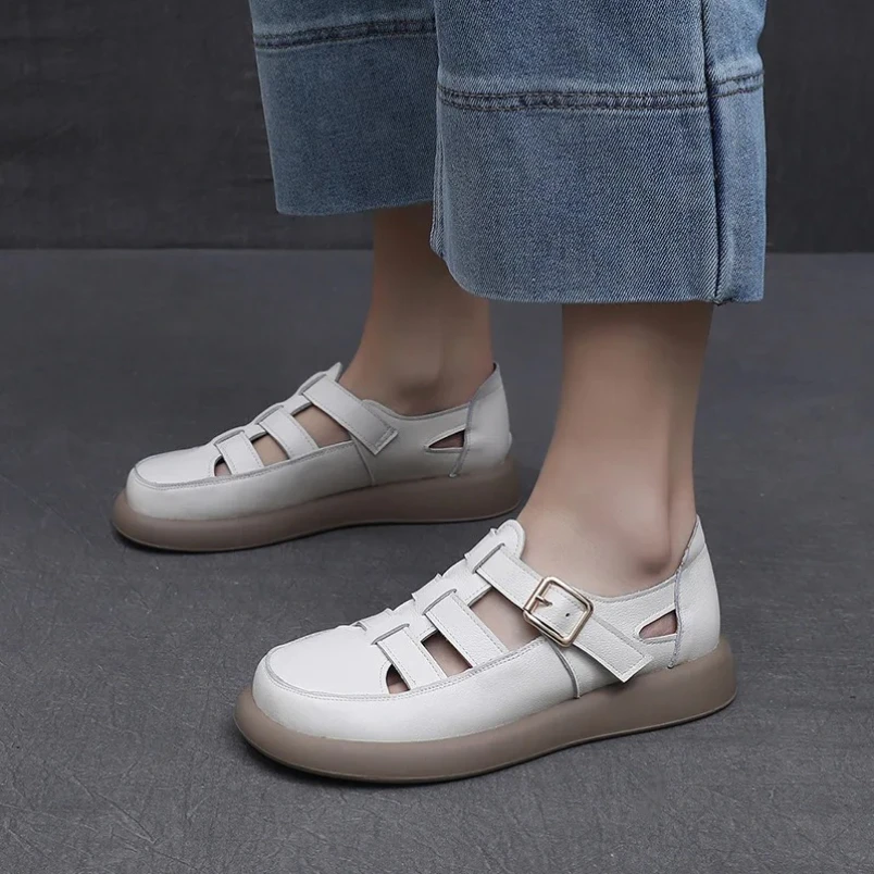 

Spring Summer Genuine Leather Woven Roman Shoes Woman Flat Shoes Sandals Thick Sole Comfort Casual Shoes