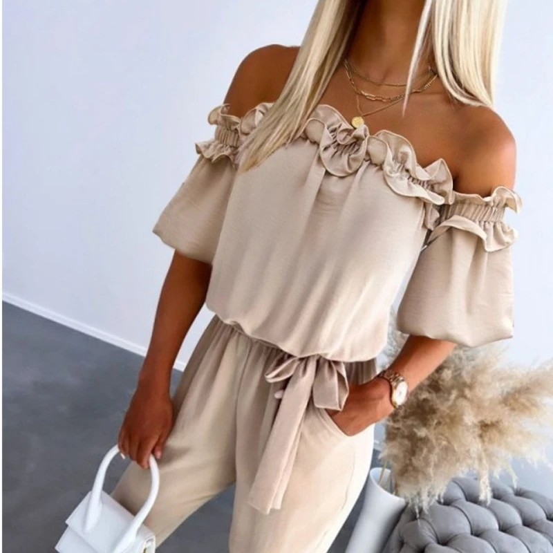 Women Off Shoulder Frill Hem Tied Detail Jumpsuit Short Sleeve Overalls Summer Female One-piece Casual Pocket Decor Outfits