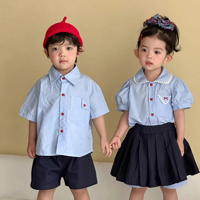 MILANCEL New Summer Girls Clothes Set 1-9T Thin Preppy Style Kids Boys Shirts +Shorts Cute Children Lace Outfit 2PCS