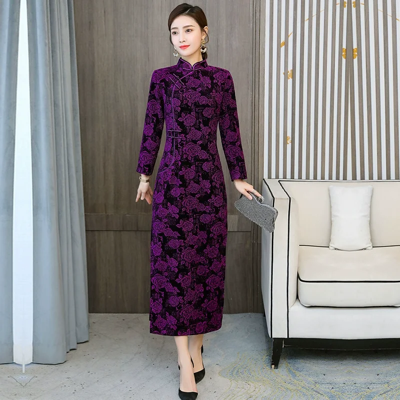 2023 New Fashion Printed Dress Women's Autumn Improvement Qipao Versatile Long Dress Chinese Style Loose Tight Banquet Dress Ves