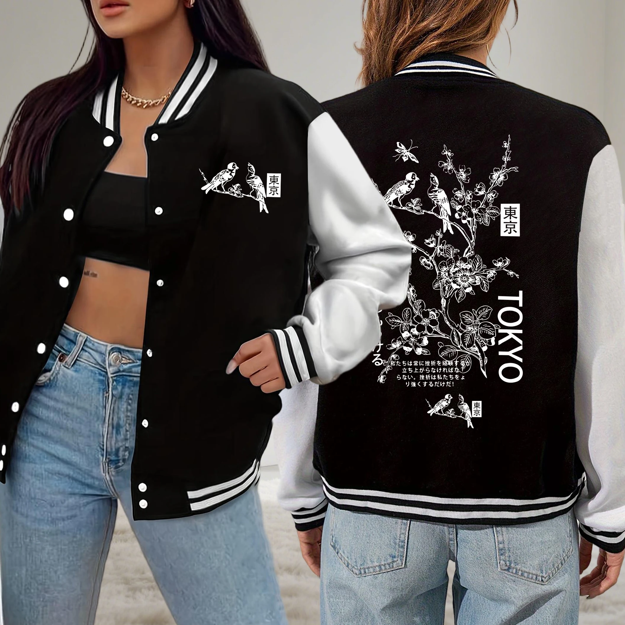 

Japan Tokyo Harajuku Cherry Blossom Bird Art Letter Design Jackets Women Casual Loose Baseball Uniform Fleece Autumn Streetwear