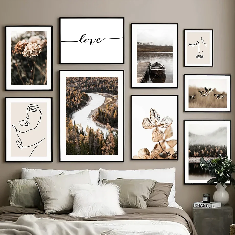 Wall Art Canvas Painting Fall River Boat Wild Goose Forest Line Face Nordic Posters And Prints Wall Pictures For Living Room Bar