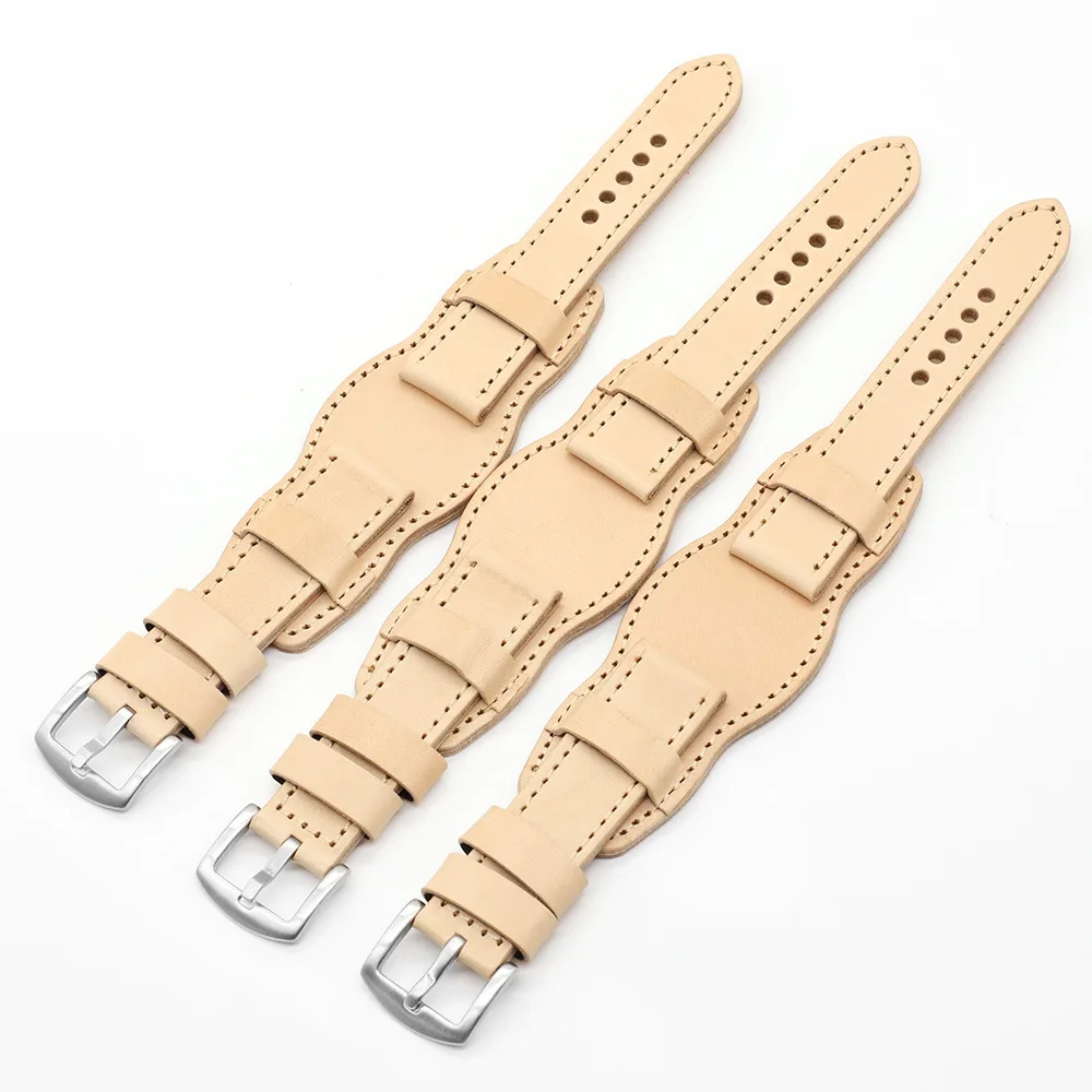 20MM 22MM Vegetable Tanned Leather Primary Color Three Section Watch strap Top Layer Tree Cream Leather Watch Holder Dial Strap