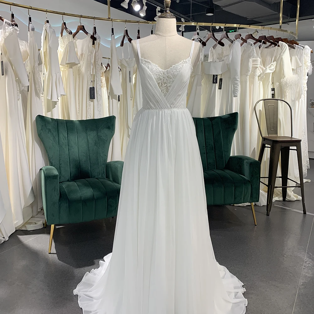 Jancember renda com decote em v vestido de casamento a linha vestidos de novia apliques cintas de espaguete vestido de noiva botões voltar vestidos de casamento