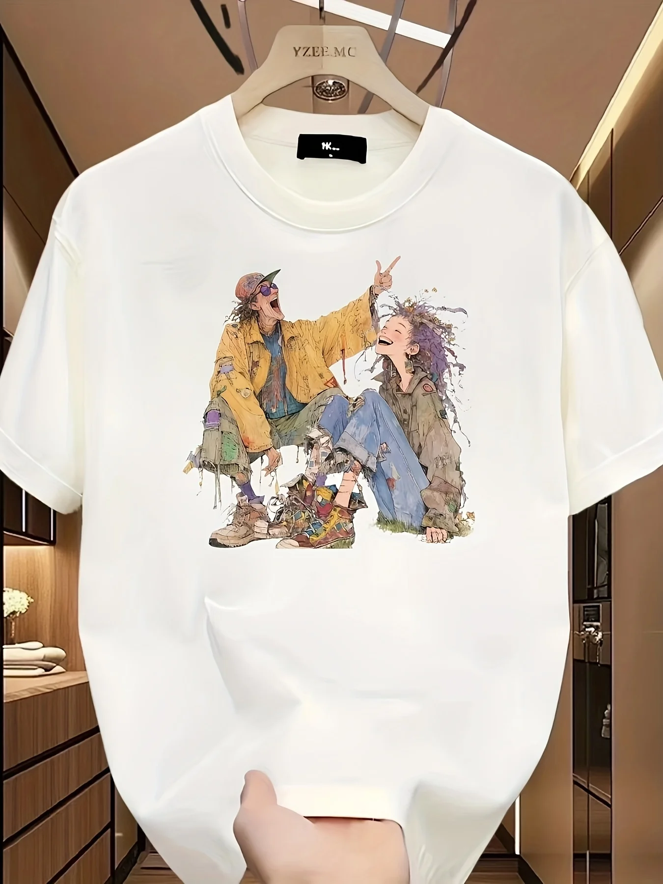 

Men'S Casual Cotton T-Shirt with Vibrant Cartoon Print - "YOUNG" Design, Short Sleeve, Round Neck, Lightweight & Breathable