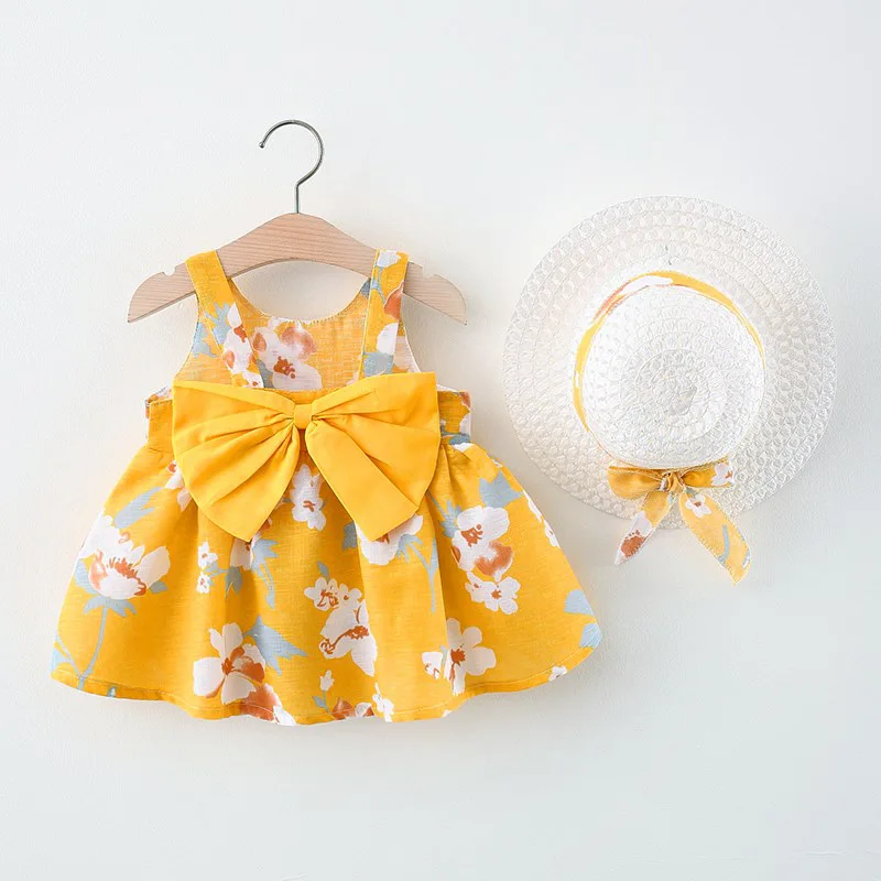 2 Stück Sets neu im Sommer Kleinkind Mädchen Kleidung koreanische süße Bogen Blumen ärmellose Prinzessin Baby Kleider Sonnenhut Kinder Kleid bc1984