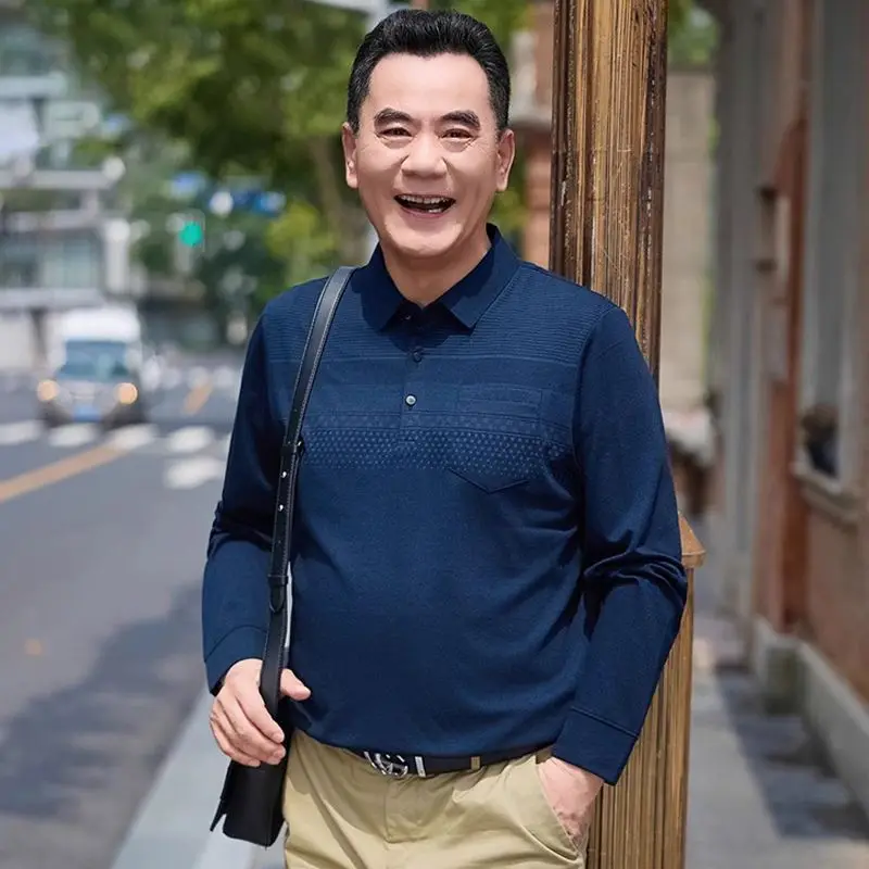 Men Lapel Long Sleeve Polo Shirt Thin Spring Autumn Tops Middle Aged Dad Casual Bottoming T Shirts