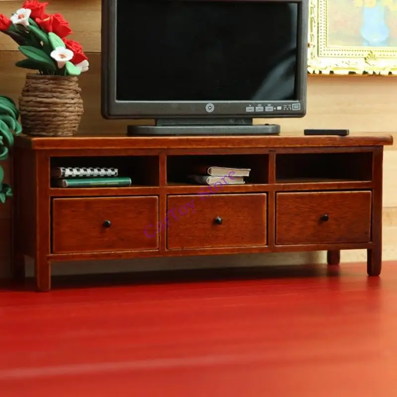 خزانة تلفزيون مصغرة مع درج وظيفي أثاث عرض مشهد غرفة المعيشة لإكسسوارات ديكورات منزلية للدمية #5