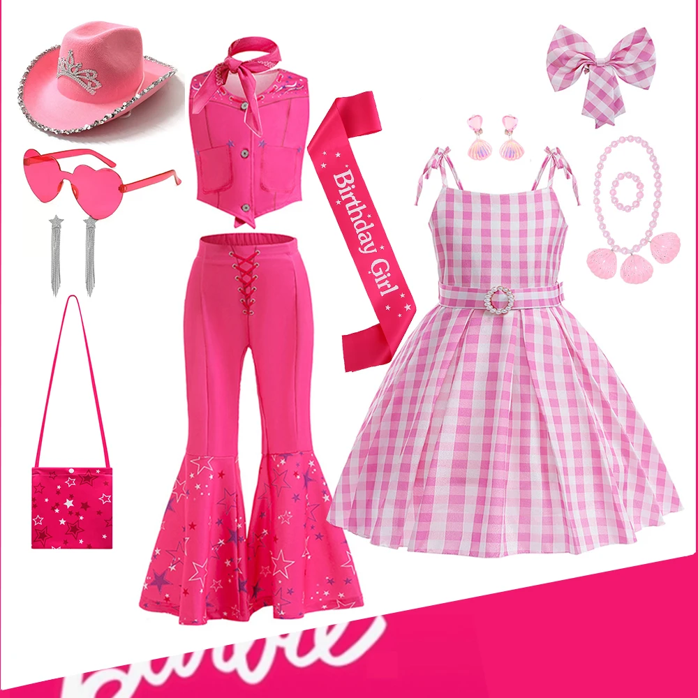 

Movie Barbi Costume Dress for Kids Girl Fancy Birthday Party Cosplay Toddle Pink Plaid Ball Gown Dress Baby Girl Outfit Clothing