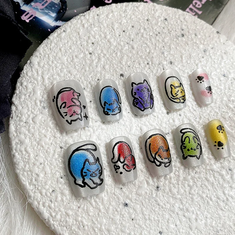 10 Pieces Summer Sweet and Cute Handmade Press On Nails Princess Japanese Cat Eye Art Fake Nails Removable and Reusable