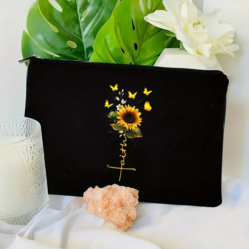 Sunflower Pattern Printed Linen Fabric Makeup Bag Travel Cosmetic Organizer Pouch with Zipper Clutch for Women Storage Bag