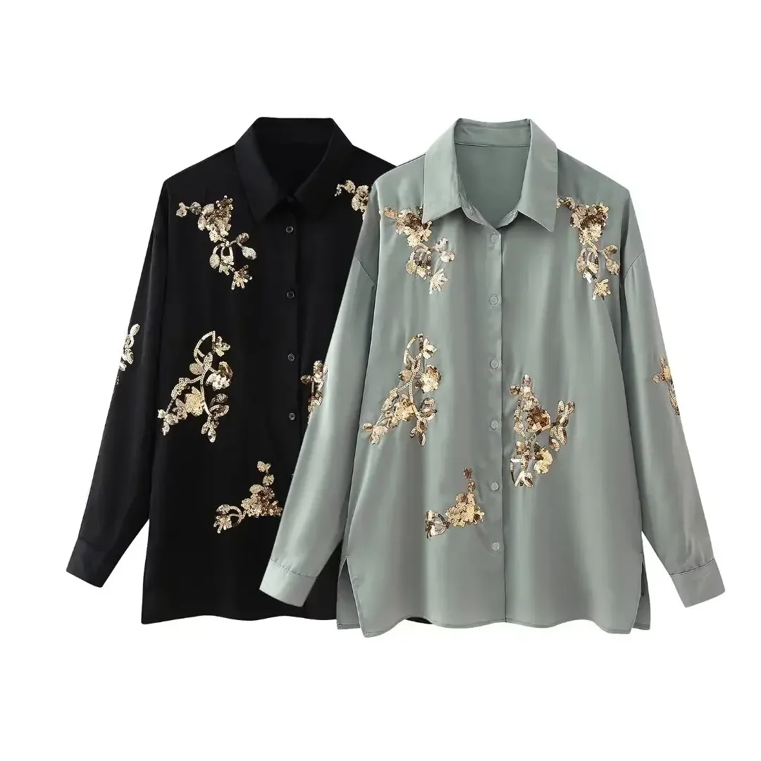 

Women 2024 New Fashion Sequin decoration Loose Casual Blouses Vintage Long Sleeve Button-up Female Shirts Chic Tops