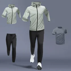 Men's Quick Dry Tracksuits Outdoor Casual Tops Pants Quality Breathable Sports Hoodies Jackets Fitness Training Clothes 3Pcs Set