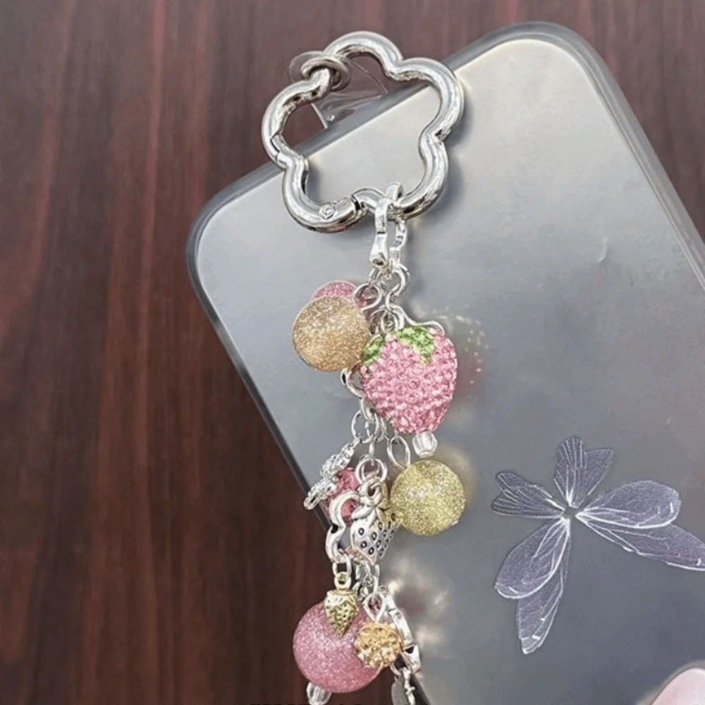 Cute Alloy Strawberry Keychain Sparkling Bead Phone Charm Pink Flower Hardware Bag Charm Daily Use