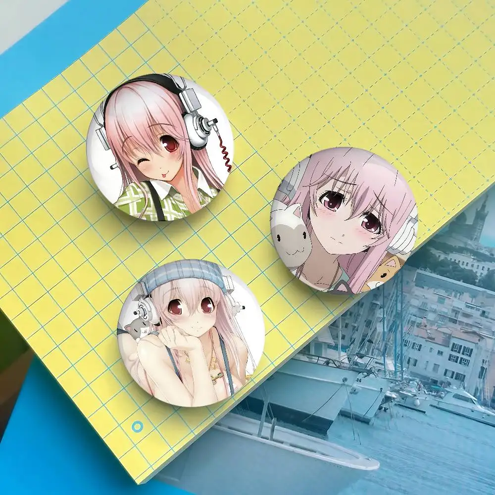 Cute S-Super Sonico Anime Round Laser Badge Cartoon Brooch Clothes Backpack Accessories Lapel