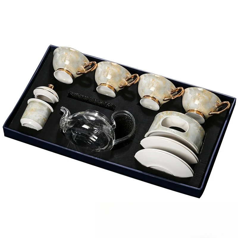 

Glass teapot candle heating tea afternoon tea set bone china flower teacup