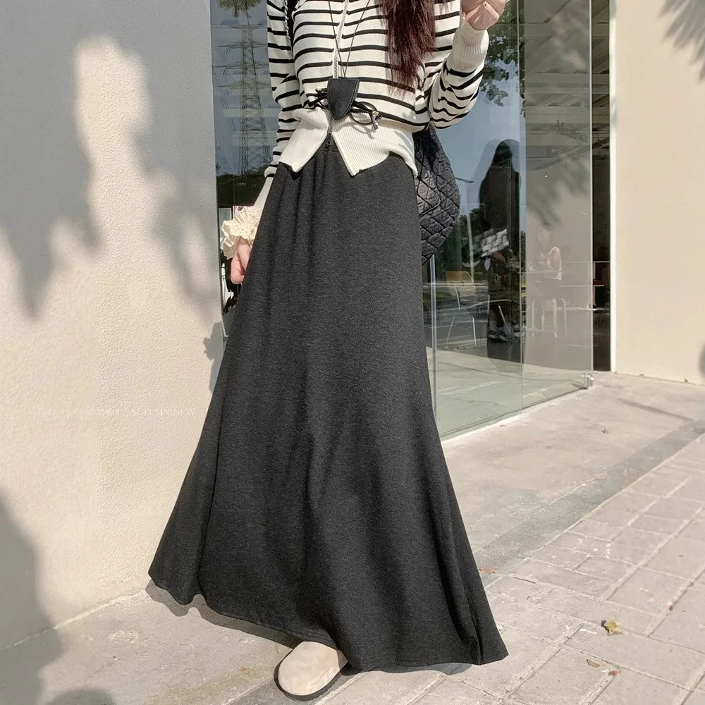 

Черная вязаная плиссированная длинная юбка А-силуэта с высокой талией, стройнящая, женская, осенне-зимняя, модная, повседневная, для девушек