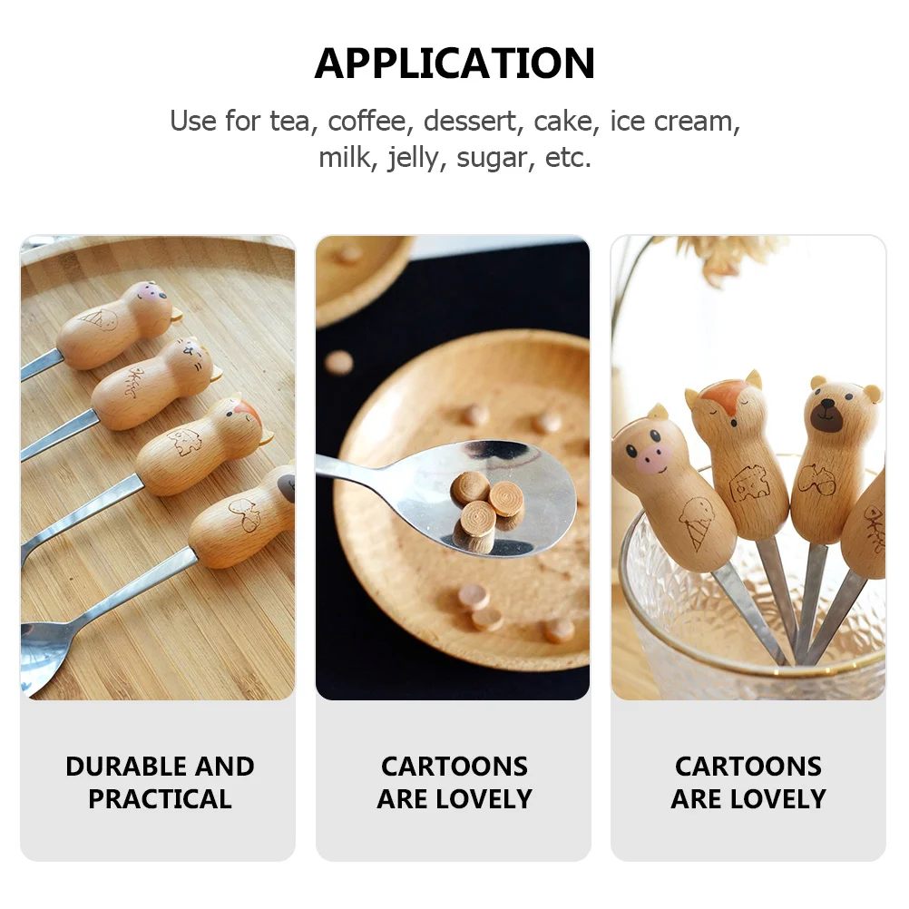 

4Pcs Dessert Coffee Spoon Stainless Steel Smooth Glossy Surface Wood Handle Ice Cream Tea Stirring Mixing Spoon Flatware