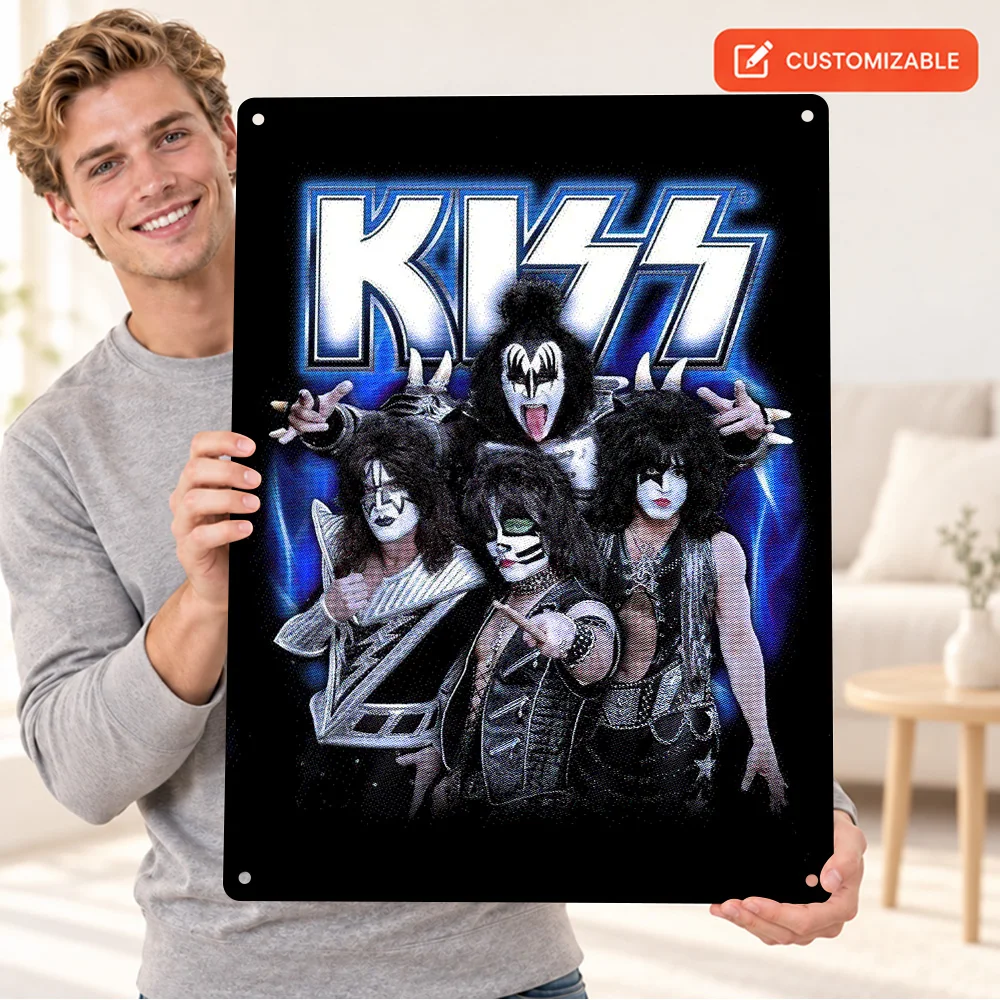 KISS Band Aluminum Poster Personalized Metal Sign Retro Minimalist Vector Illustration Wall Art For Bedroom Music Lover Gift