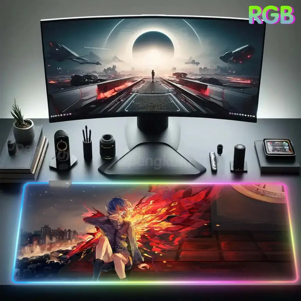 T_tokyo G_ghoul Mouse Keyboard Carpet Pad RGB Rubber Mouse Pad LED Mouse Pad Ergonómico Mauspad Lamp Anime Desk Protector