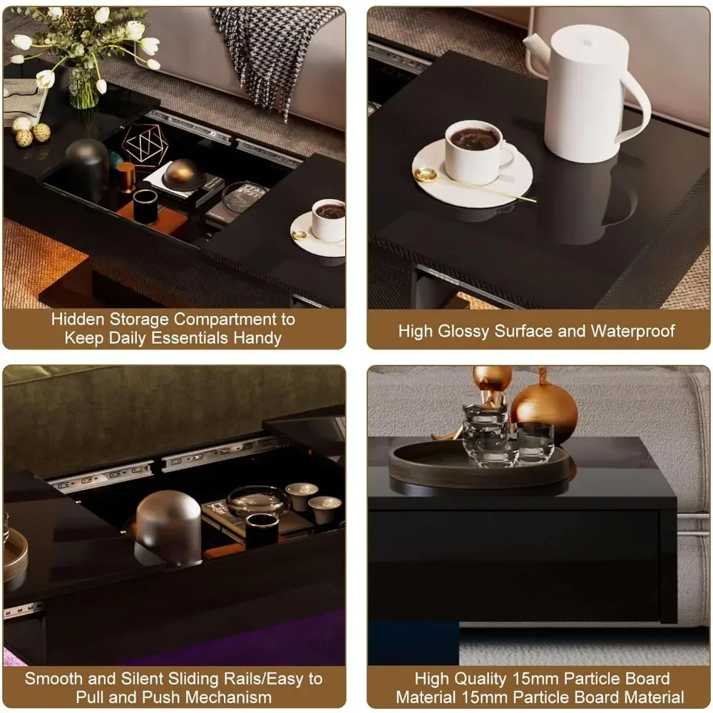 Coffee Table, LED for Living Room,Sliding Top with Hidden Storage,High Gloss Modern, Coffee Table