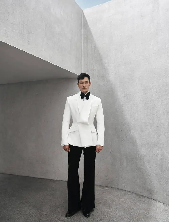 

White Men Suits Set 2 Pcs Blazer+Cotton Black Pants Trousers Wedding Tuxedo Formal Office Business Jacket Prom Coat
