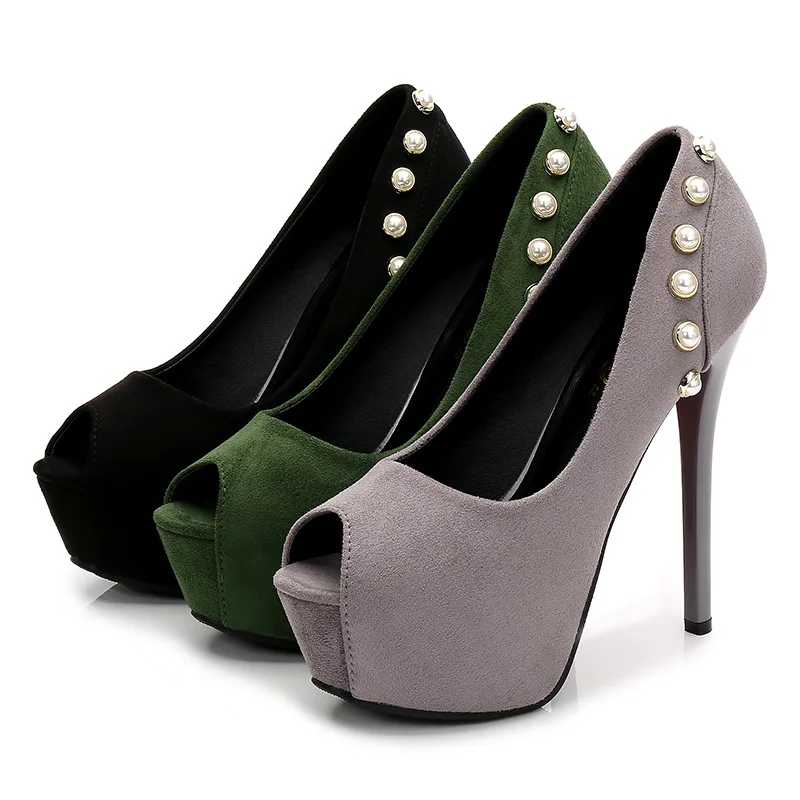 Eleganti scarpe da donna poco profonde con perle 2024 coreano Peep Toe Platform Ladies Thin tacchi alti Party Dress Pumps Soft Flock nero grigio