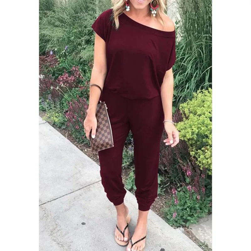 Solid Color Casual Women's Jumpsuit With Slanted Shoulder Collar And Short Sleeved Nine Point Jumpsuit Fashionable New Product