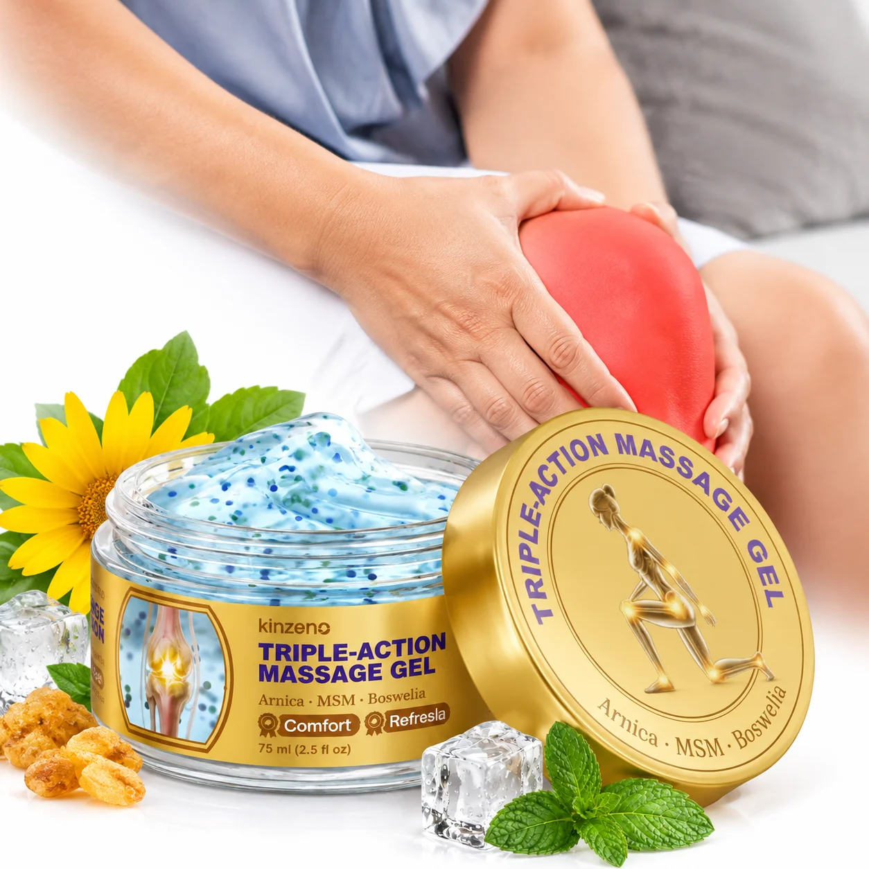 kinzeno Triple Action Massage Gel 75ml with Arnica, MSM & Boswellia Cooling Soothing Muscle Rub Cream Daily Muscle Joint Comfort