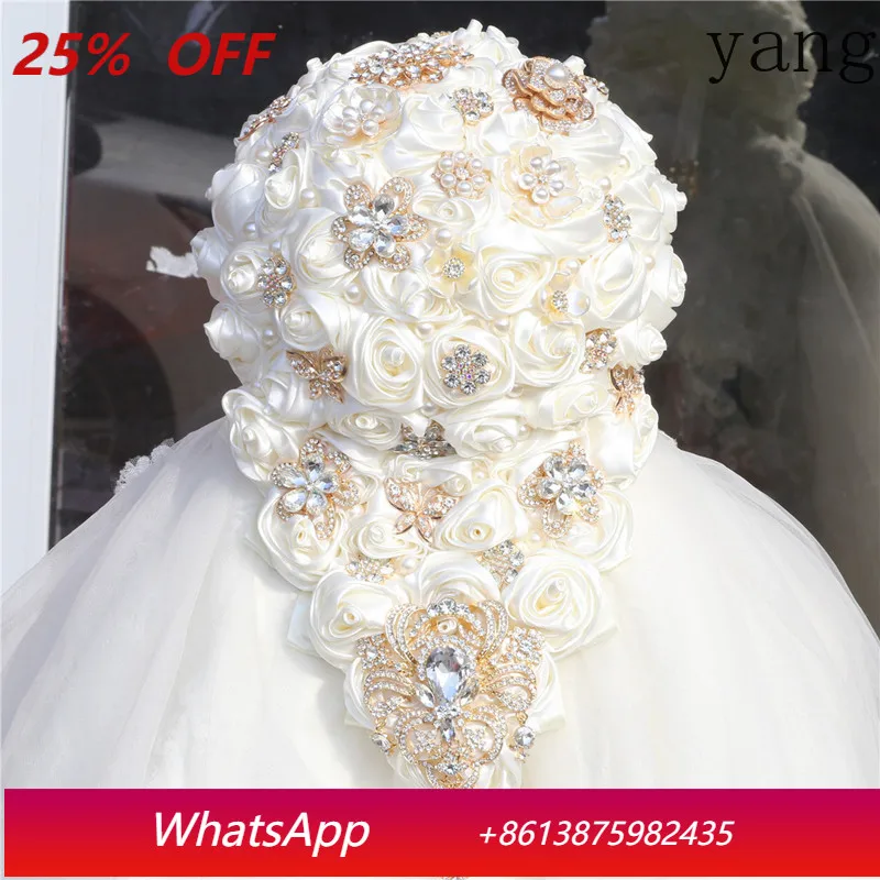 

Golden Rhinestone Cascading Bride Bouquet Waterfall Wedding Flower Romantic Wedding Party Decoration Confession Wedding Bouquet