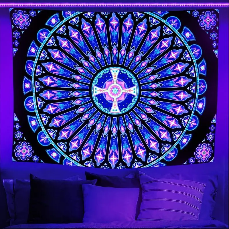 VIKAMA UV Blacklight Mandala Tree of Life Tapestry Psychedelic Bohemian Flower Glow Wall Hanging for Bedroom Dorm Home Decor