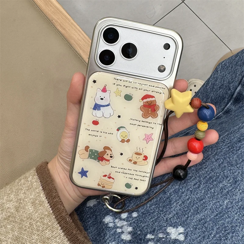 

Fashion Plating Silver Cute Christmas Dog Gingerbread Man Phone Case For iPhone 17 Pro 16 15 14 Pro Max Cover with Chain Cases C