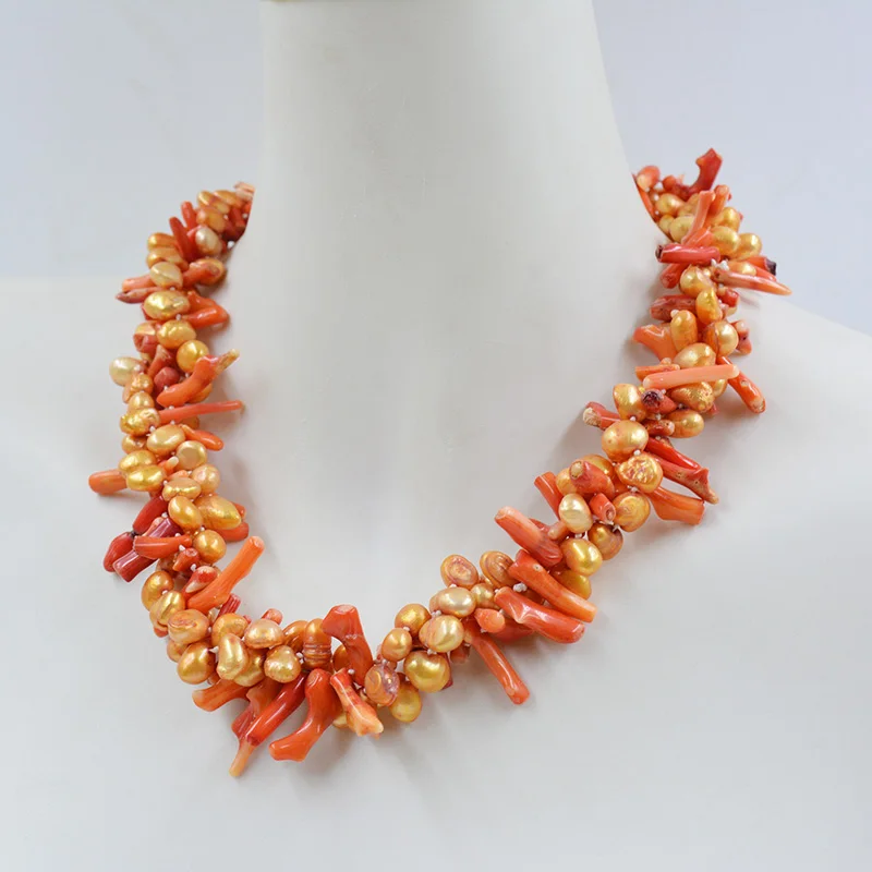 2 strands 7MM natural Baroque pearls. 1 strand of natural irregular coral. Exquisite Women's Party Wedding Necklace