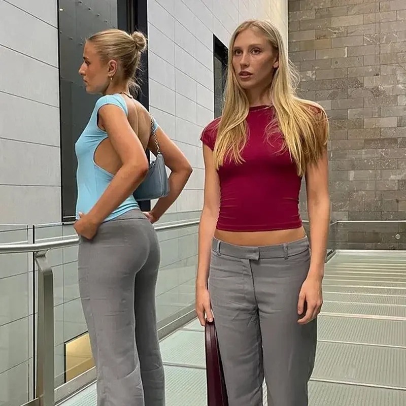 Kaus Hitam Punggung Terbuka Seksi Wanita Lengan Pendek Leher-o Solid Mode Musim Panas Kaus Baru Pakaian Klub Atasan Crop Ramping Kasual Jalanan