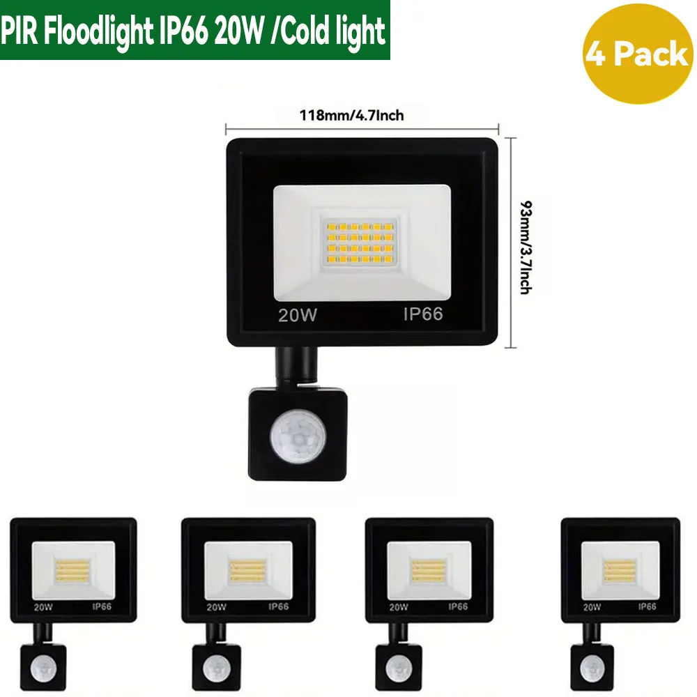 PIR LED-Flutlicht mit Bewegungssensor, 4 Stück, 20 W, 50 W, 100 W, kaltweiß/warmes Licht, LED-Außenstrahler, wasserdichter Außenprojektor für Garten, Garage