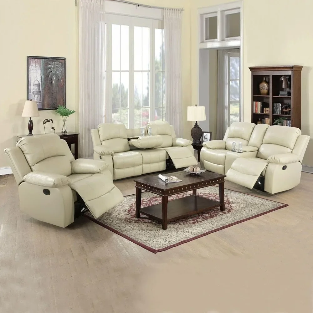 

Leather Recliner Sofa Set, Leather Reclining Sofa Set for Living Room Furniture Sets,Beige Recliner Couch Set(Sofa Set 3 Pieces)