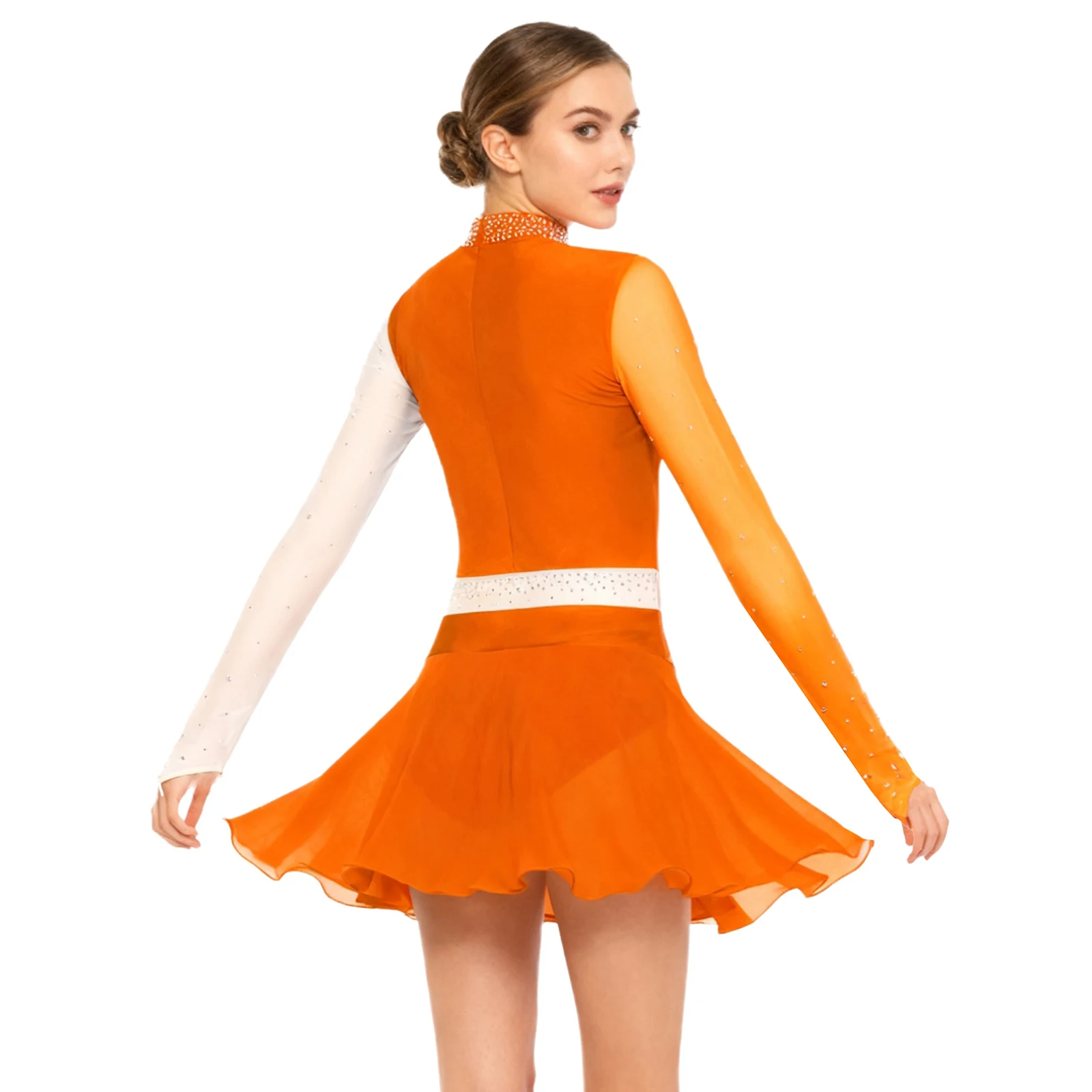 Vestido de baile de patinaje sobre hielo para mujer, apliques bordados, diamantes de imitación brillantes, manga larga, leotardo de gimnasia y Ballet, Ropa de baile tutú