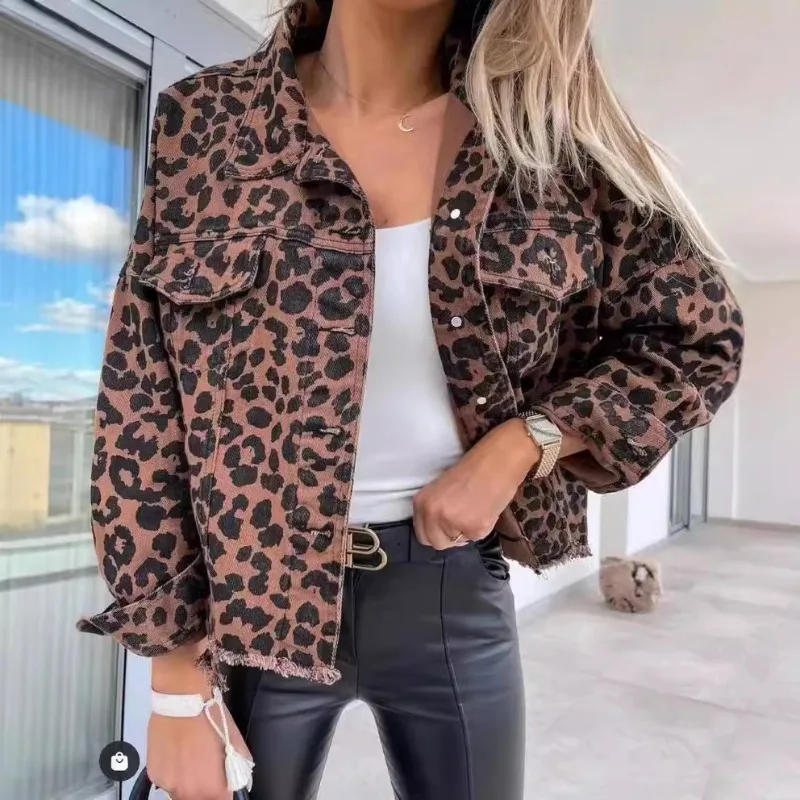 Grunge Women Cowboy Coats Jackets Fashionable and Minimalist Washed Vintage Leopard Print Fringed Jacket Women's Clothing