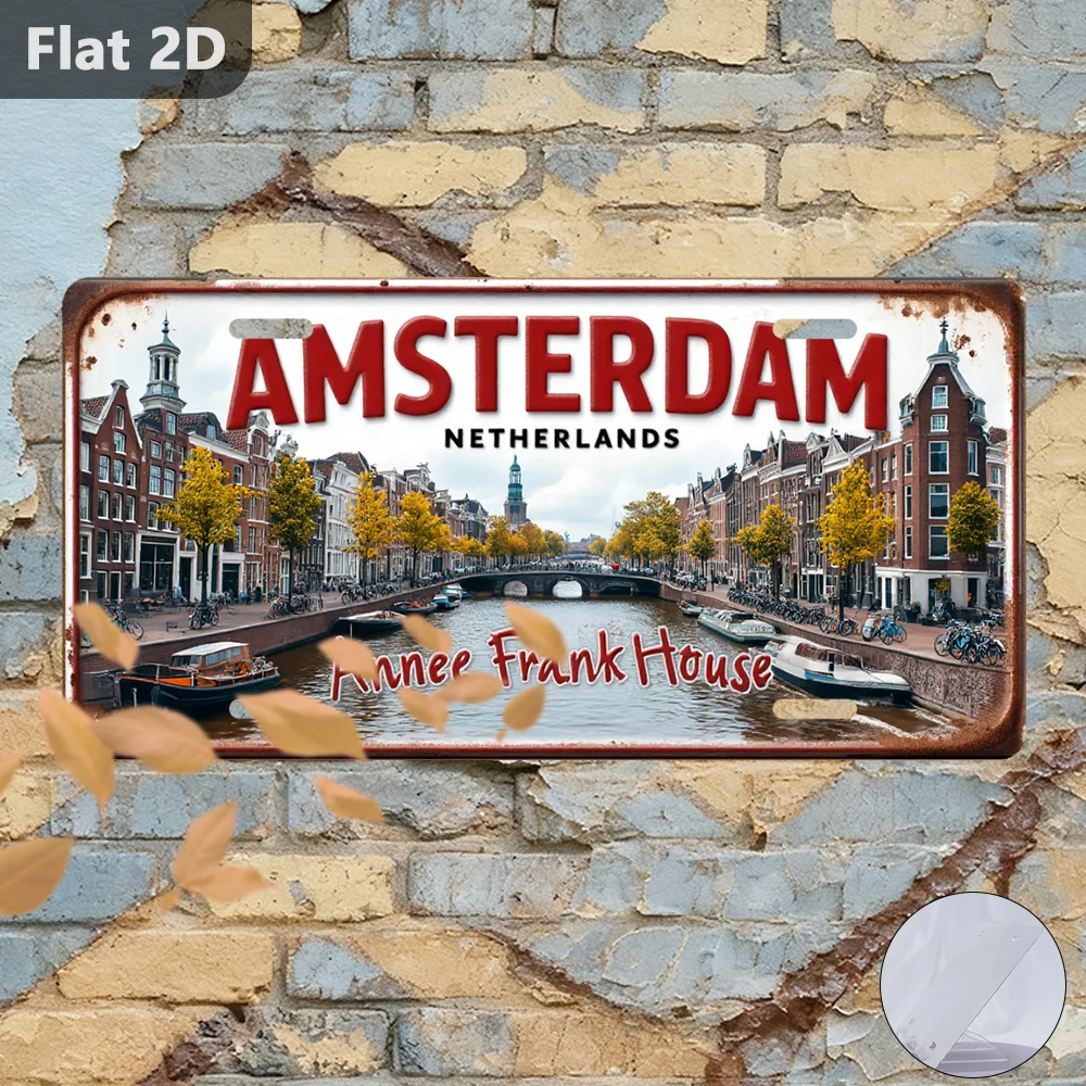 Vintage Amsterdam Canal Sign, 2D Outdoor Wall Art Decor, 12x5.9 Inch Metal Tin Sign for Cafe Garden Garage, Unique Holiday City