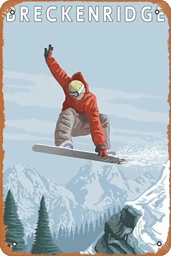 Metal Tin Sign   - Breckenridge, Colorado, Jumping Snowboarder - Poster Metal Plaque Cafe, Bar, Home Wall Decor