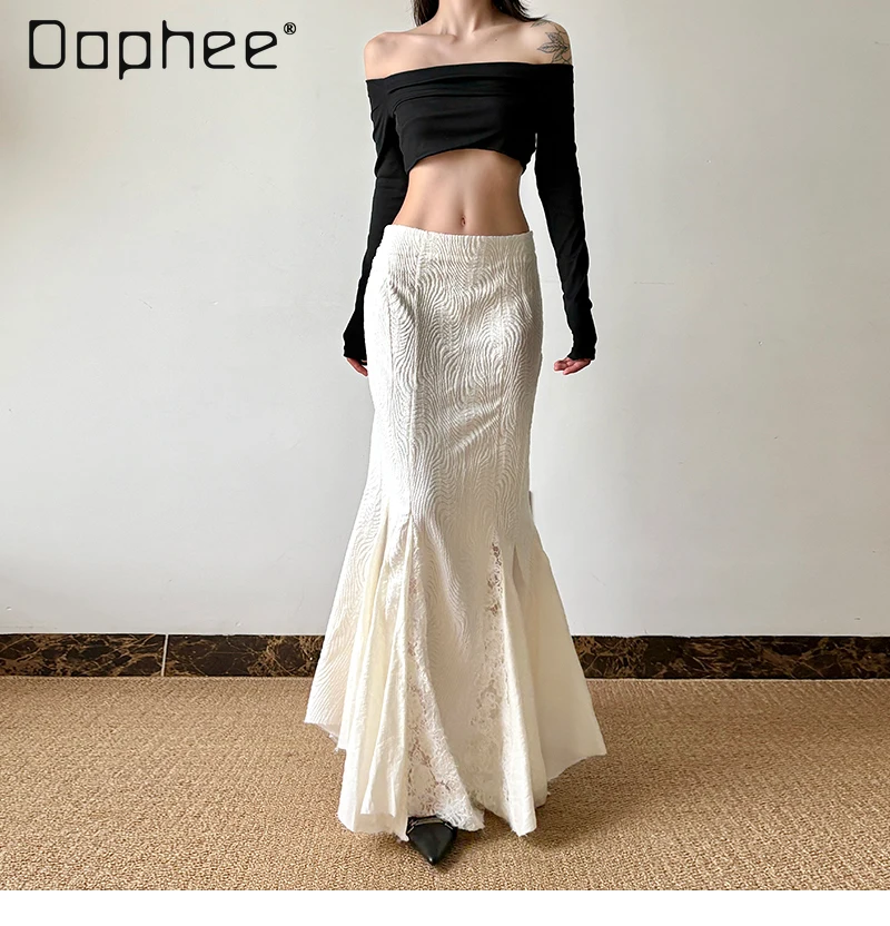 Temperamento francês renda emenda oco saia feminina verão nova cintura alta fishtail saia ins spice girl y2k saias de comprimento médio