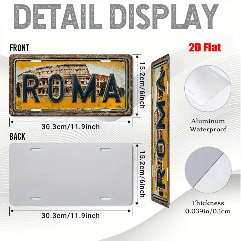 2D شقة، 1PC خمر الألومنيوم روما إيطاليا لوحة ترخيص جدار الفن - 12 "x 6" (30x15 سم) تصميم الكولوسيوم الأصفر والأزرق المتعثرة #2