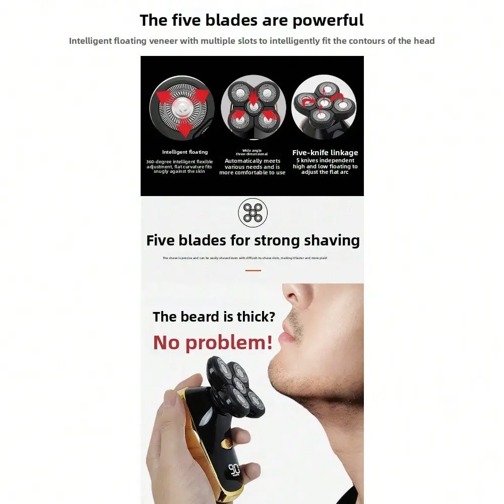 Five-Knife-Headed Bald Artifact, Full-Body Water-Washed Electric Razor, Self-Scraping To Remove Hand Residues, Quick Shaving Without Stubble, For Men