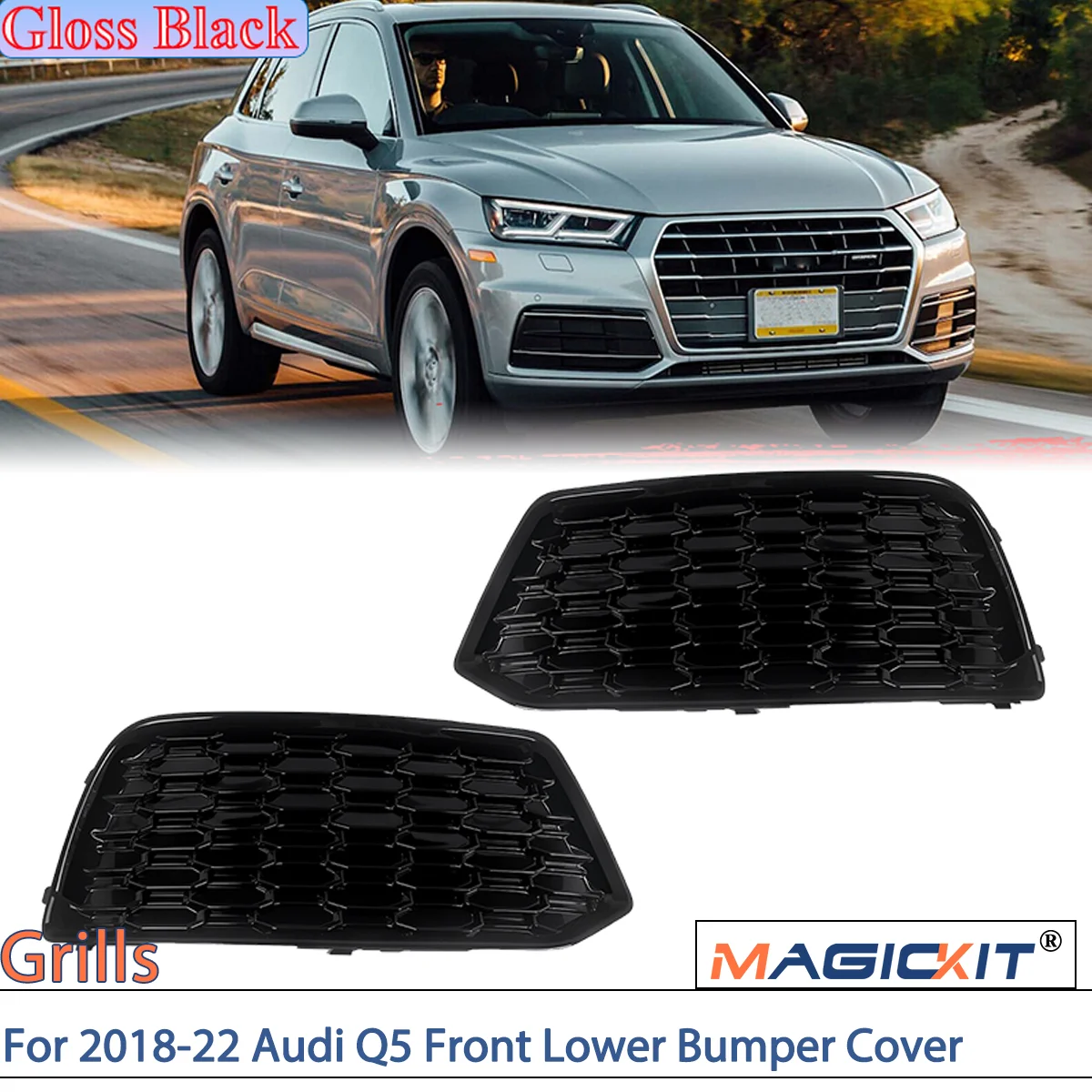 

MAGICKIT LH+RH Side Honeycomb Front Lower Bumper Cover Grille Bezels For Audi Q5 Standard Bumper 2018-2022 Model CAR Accessories