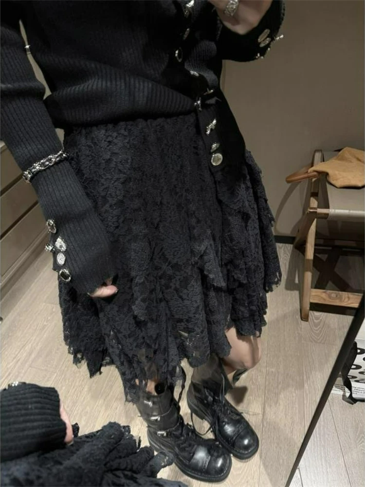 2025 New Women Fall Asymmetrical Hem Lace Skirt High Waist A Line Midi Skirt Versatile Elegant Casual Outfit