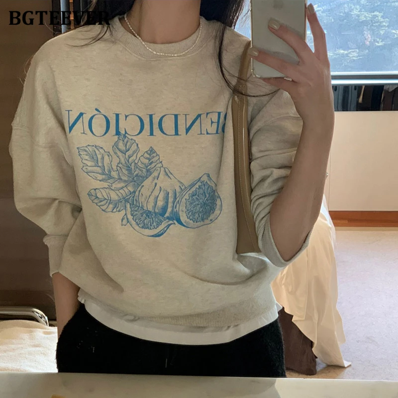 

BGTEEVER Casual Long Sleeve Women Printed Sweatshirts Autumn Winter Fashion O-neck Thicken Velvet Loose Female Pullovers Tops