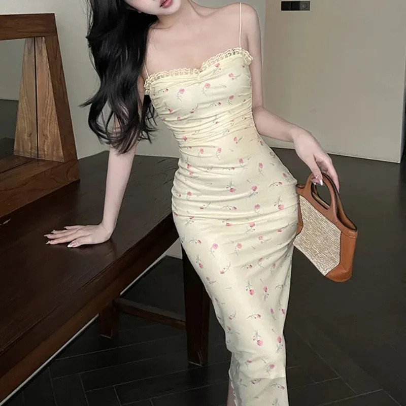 夏の女性のエレガントなスリム花柄ドレス女の子のシックなセクシーな黄色のサスペンダーロングドレス女性パーティークラブ Vestidos