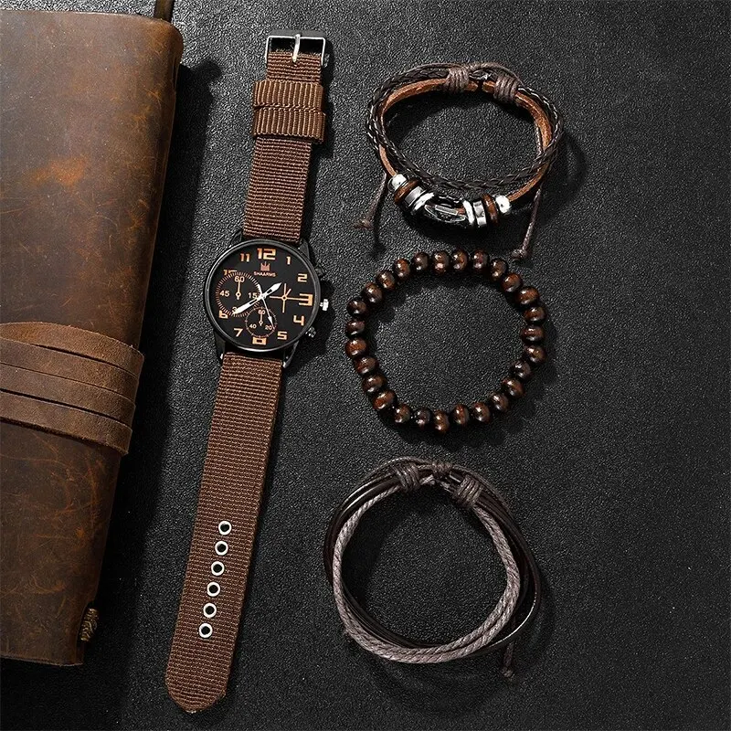 4Pcs Set Luxury Watches Men Black Sports Big Dial Watch Leather Band Watches Bracelet Set Mens Business Quartz Wrist Watch Clock