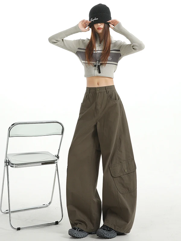 กางเกงขายาวทรงหลวมเอวสูงสไตล์อเมริกันสำหรับผู้หญิง ฤดูใบไม้ผลิ ฤดูใบไม้ร่วง รุ่นใหม่ ทรงหลวม ใส่สบาย สไตล์ลำลอง ทหาร  ใช้งานได้หลากหลาย
