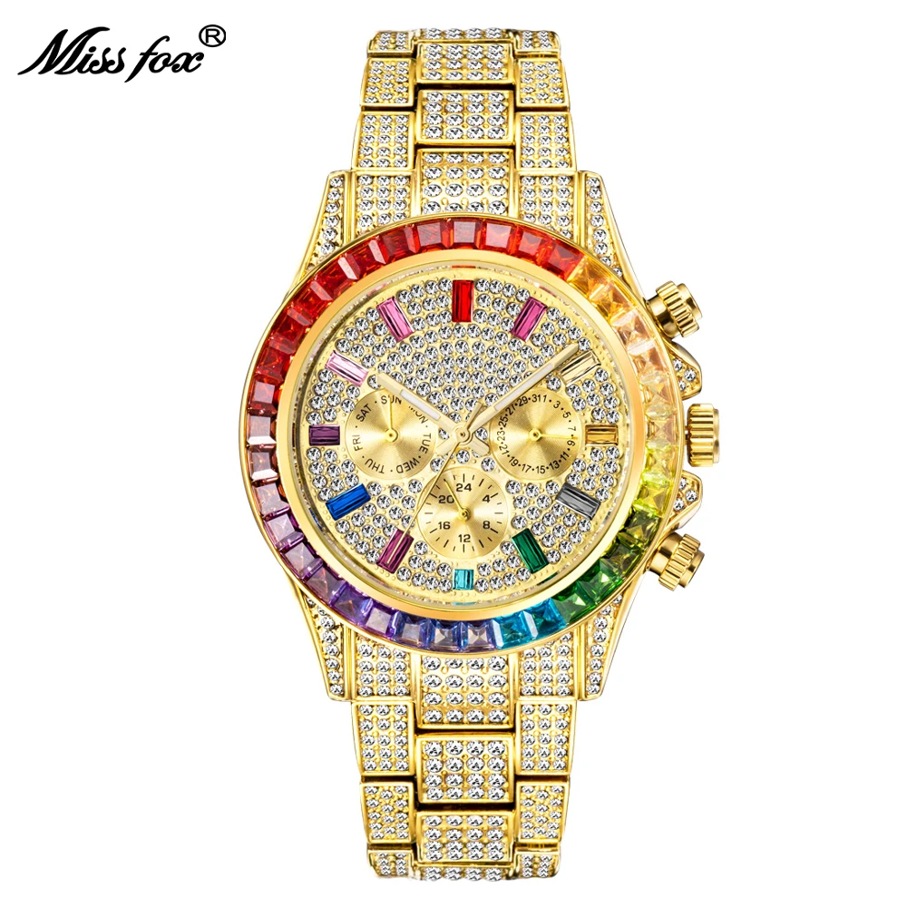 MISSFOX Blingbling Wristwatch For Men Luxury Colour Diamond Calendar Quartz Watch Hip Hop Fashion Waterproof Man Clock Hot Sale